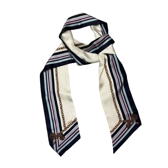 Talbots Women's Scarf Shawl Silk Cream Blue Chain Stripe Print Equestrian - Picture 2 of 7